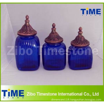 Decorative Blue Glass Storage Canisters with Finial Jar Top